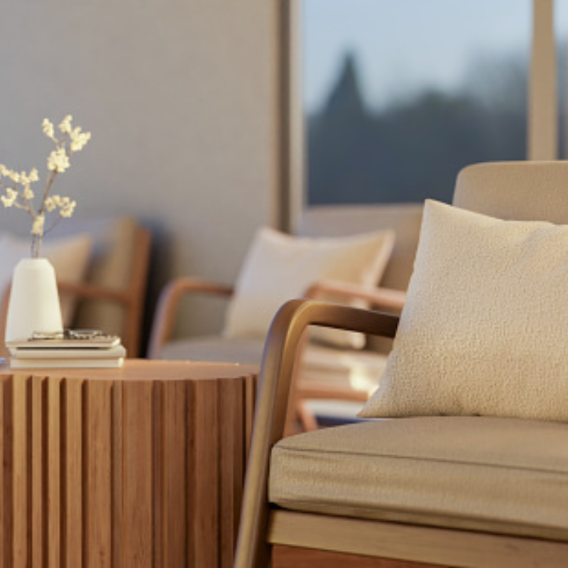 comfortable seating with book and glasses